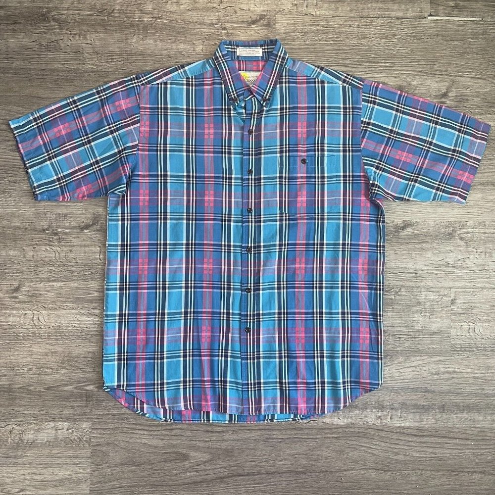 VTG 90s Southern Classics Preppy Blue Pink Plaid S/S Buttondown Casual Shirt Lrg